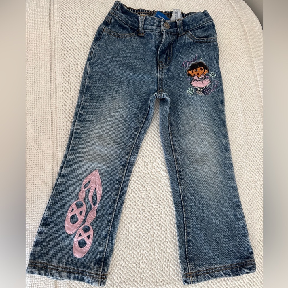 Vintage Nick Jr Dora the Explorer Girls Embroidered Jeans Ballet Shoes Size 4